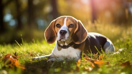 Cute beagle lying on a grassy lawn on a sunny day with copy space