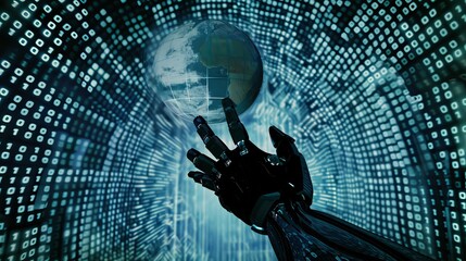 Robot hand touching virtual globe in a futuristic room made from binary code, illustrating advanced technology, artificial intelligence, and digital innovation