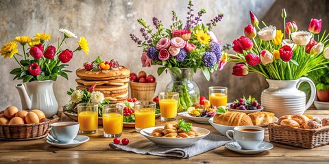 Festive brunch table adorned with rustic decor and fresh flowers, festive, brunch, table setting, decor, flowers, rustic