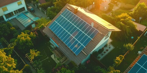 Picturesque rooftops adorned with photovoltaic panels bask in the warm embrace of the setting sun