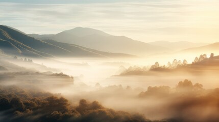 Morning fog over hills with sun rays breaking through, soft colors