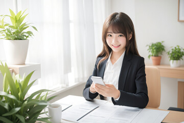スマホを操作するスーツ姿の20代女性