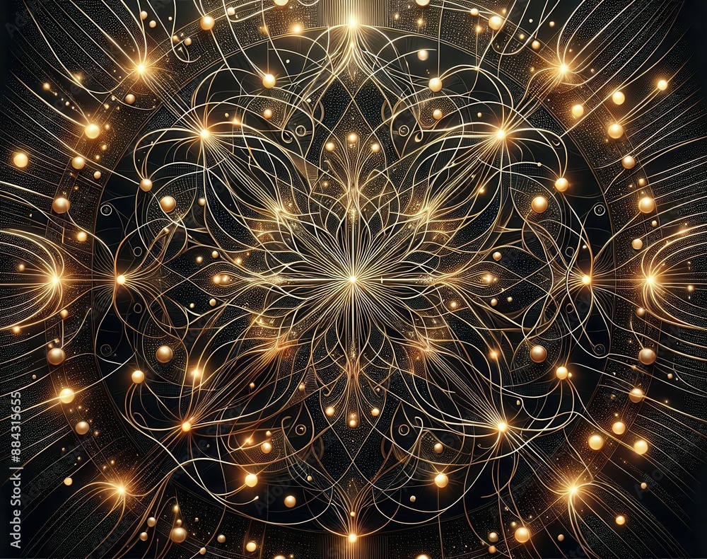 Poster an abstract design with a golden flower-like pattern, set against a black background with golden sta