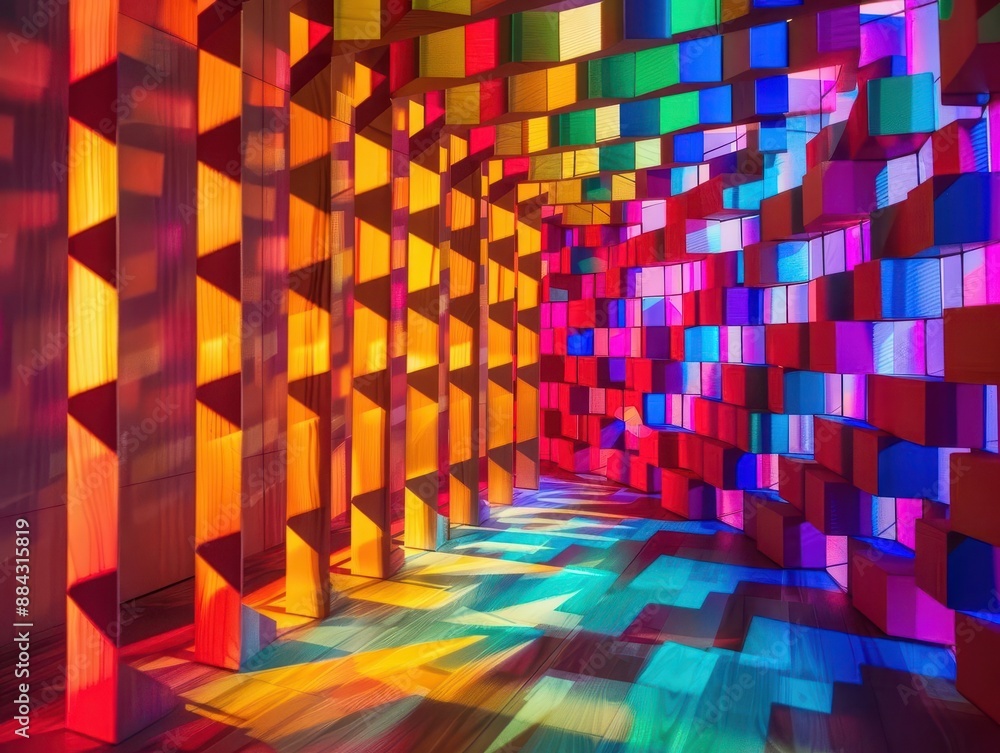 Poster abstract geometric installation of rainbowcolored wooden cubes forming undulating wall play of light