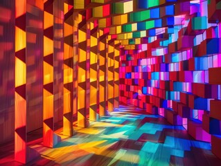 abstract geometric installation of rainbowcolored wooden cubes forming undulating wall play of light and shadow creating mesmerizing 3d texture and optical illusion