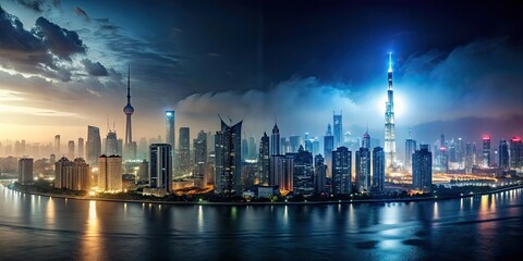 Obraz premium Cityscape transitioning from light to dark during Earth Hour , Energy conservation