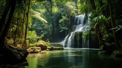 Panoramic view of a serene waterfall cascading through lush green forest in Thailand