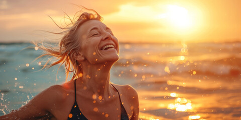 Happy middle aged woman enjoys refreshing swim in ocean at sunset, radiating joy and contentment in golden light, capturing serene pleasure of perfect moment