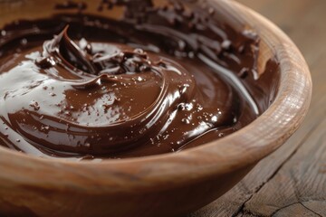 Close-up image of thick, glossy melted chocolate in a rustic wooden bowl on a wooden surface