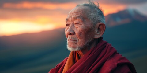 Naklejka premium Serene portrait of elderly monk in traditional robes, deeply contemplating while standing against picturesque sunset mountain backdrop