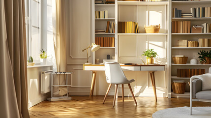 A white chair sits in front of a desk with a lot of books