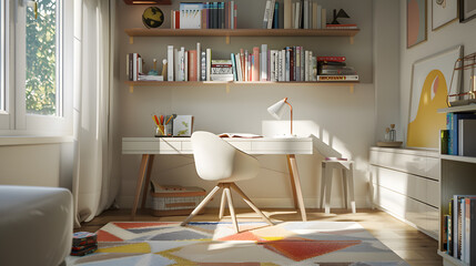 Fototapeta premium A small room with a desk and chair, a window, and a rug