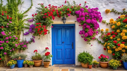 White wall, blue door, and colorful flowers in a charming setting, white, wall, blue, door, flowers, colorful, charming