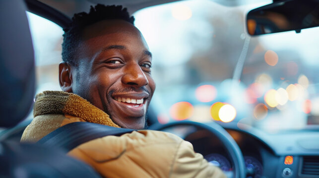 A black Uber taxi driver smiles while driving.	