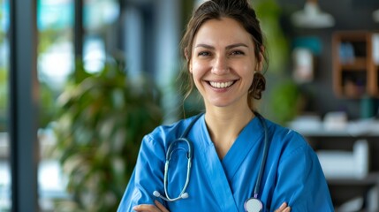 Portrait of friendly nurse in uniform smiling indoors