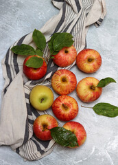 Fresh red and yellow apples with leaves on grey background, top view