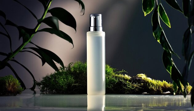 plastic spray bottle of cosmetic product mock up.transparent plastic bottle mockup. packaging with spray isolated on black background.