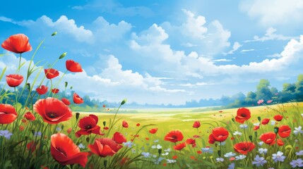 Naklejka premium Red poppies in a lush summer meadow, clear blue sky, gentle sunlight, tranquil setting