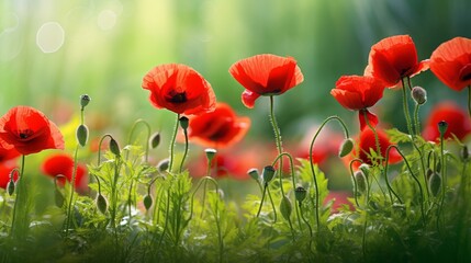 Fototapeta premium Red poppies scattered across a sunny meadow, lush greenery, tranquil summer setting
