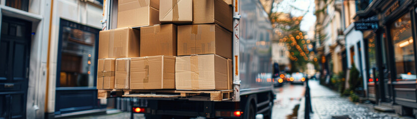 Postal service truck carrying cardboard boxes, showcasing fast shipping and logistics