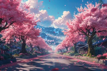 Anime School Background with Cherry Blossom Trees in Pastel Cartoon Style - High Resolution,...