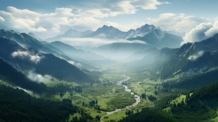 Fototapeta premium Rocky mountain terrain with lush green valleys, morning mist, soft lighting