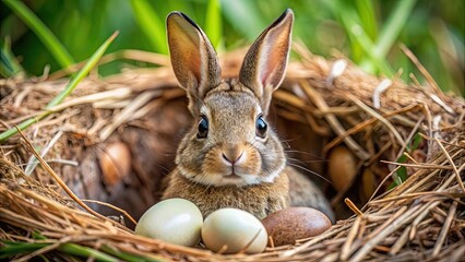 Obraz premium Nature's Miracle A rabbit gently incubating a clutch of eggs, symbolizing care and renewal in the cycle of life, rabbit