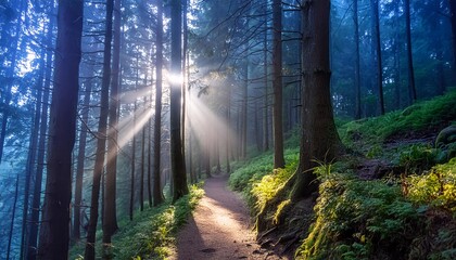Naklejka premium morning in the forest.Sunlight filtering through a dense woodland trail