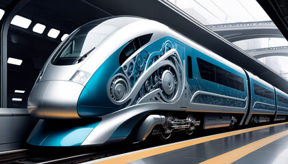Obraz premium Sleek, aerodynamic high-speed train with innovative design at a modern station. Future transportation, urban development, and sustainable transit solutions.