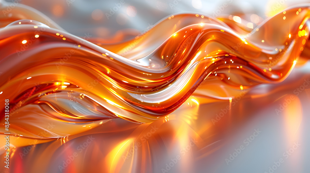 Poster vibrant abstract art with dynamic orange curved shapes and reflective mirror like patterns on a shim