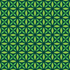 Seamless geometric pattern, with beautiful four-petal leaf shapes in dark green and light green. Suitable for various textile design purposes, tiles, wallpapers, backgrounds, etc.