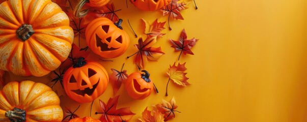 A carved pumpkin with a smiley face on orange background. Free copy space for text.