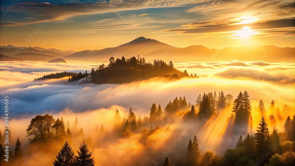 Canvas Prints Sunrise over misty mountain with golden fog and dense trees, sunrise, mountains, mist, trees, fog, sunlight, golden, nature