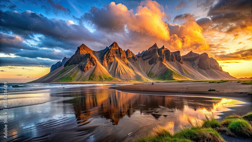 Sticker Impressive view of Vestrahorn mountain on Stokksnes cape in Iceland during sunset, Vestrahorn, mountain