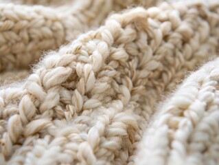 closeup of chunky knit wool texture in neutral tones soft focus highlights fuzzy fibers cozy winter warmth radiates from intricate patterns