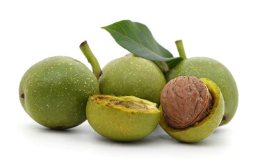 Green nuts with leaves.