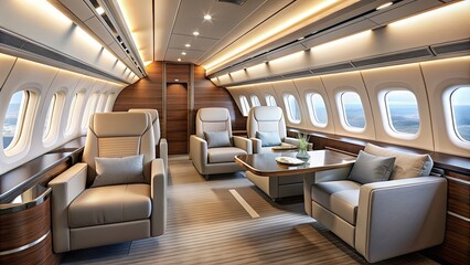 Naklejka premium Interior view of a modern luxury aircraft cabin with comfortable seats and large windows , premium, air travel