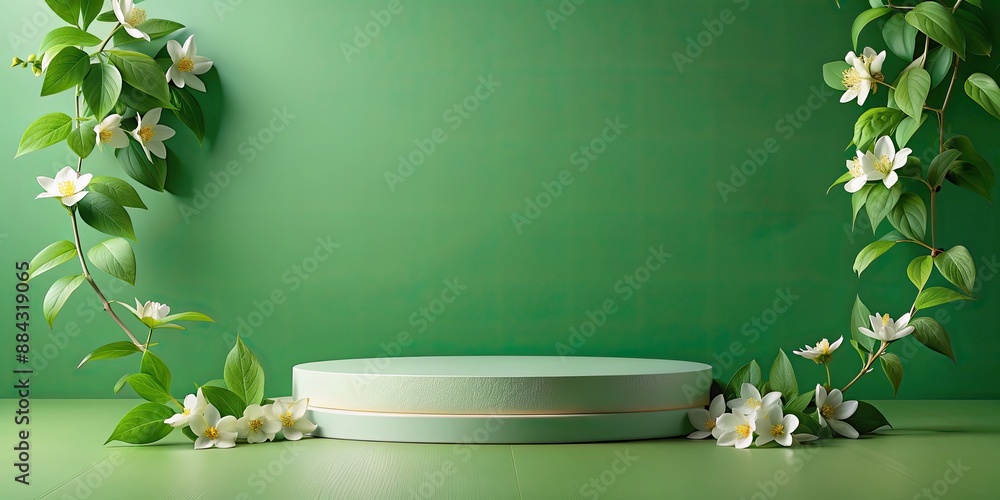 Wall mural Empty podium with green background adorned with jasmine flowers and leaves, podium, product placement