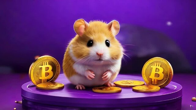 A cartoon hamster on a purple platform with bitcoin coins on a purple background. Hamster kombat game about cryptocurrency mining, the concept of mini-games for making money on cryptocurrency	