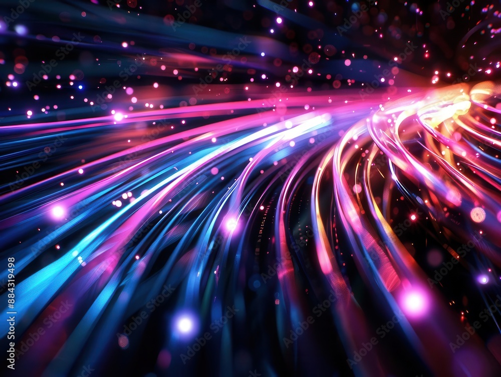 Poster cyberpunk data stream neon fiber optic strands pulsing with information creating abstract light trai
