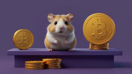 A cartoon hamster on a purple platform with bitcoin coins on a purple background. Hamster kombat game about cryptocurrency mining, the concept of mini-games for making money on cryptocurrency	