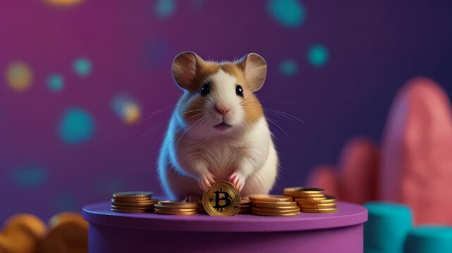 A cartoon hamster on a purple platform with bitcoin coins on a purple background. Hamster kombat game about cryptocurrency mining, the concept of mini-games for making money on cryptocurrency	