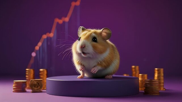 A cartoon hamster on a purple platform with bitcoin coins on a purple background. Hamster kombat game about cryptocurrency mining, the concept of mini-games for making money on cryptocurrency	