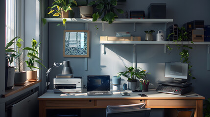 A computer desk with a monitor, printer, and keyboard