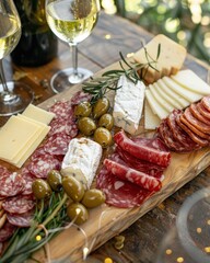 A delicious charcuterie board with cheese, meats, and olives paired with white wine on a rustic wooden table.