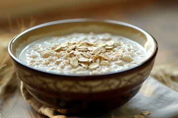 Close-up image of oatmeal topped with oats in a rustic setting with warm light
