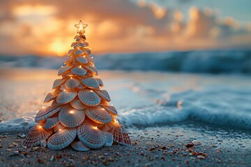 Seaside Holiday Decor: Miniature Christmas Tree Made of Small Seashells on Sandy Beach