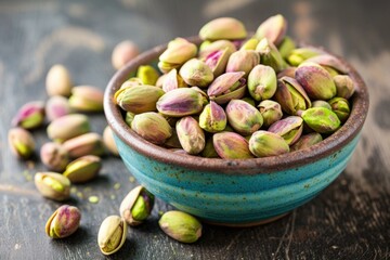 Ceramic bowl filled with fresh, unshelled pistachios on a rustic wooden background