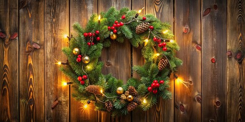 Christmas wreath with lights and decorations hanging on a wooden door, Christmas, wreath, lights, decorations, wooden, door
