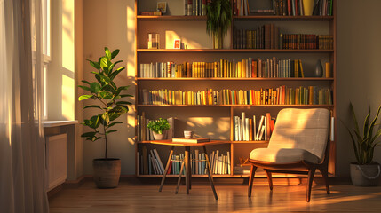 A cozy living room with a white chair, a table, and a potted plant